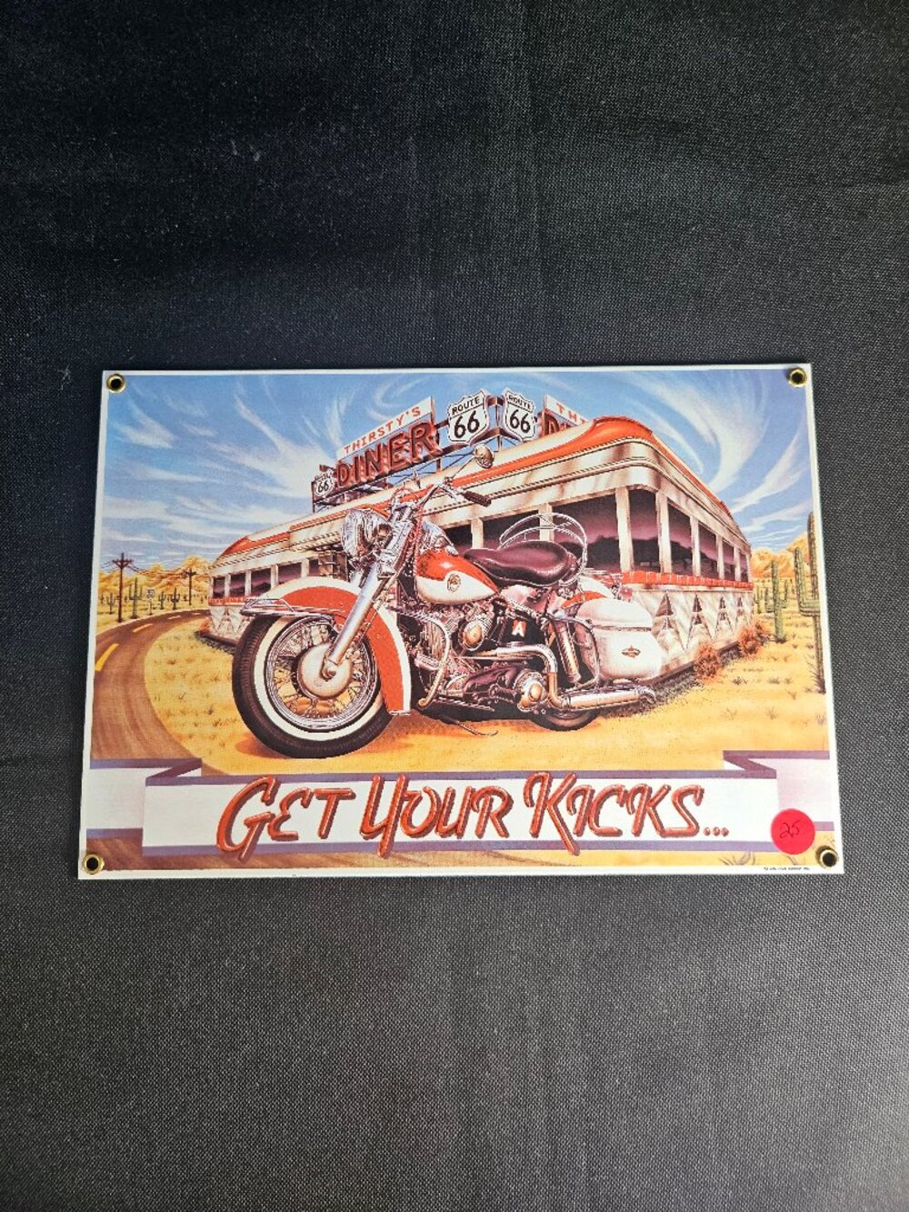 1998 Ande Rooney "Get Your Kicks" Diner/Harley Route 66 Porcelain sign 12" X 8"